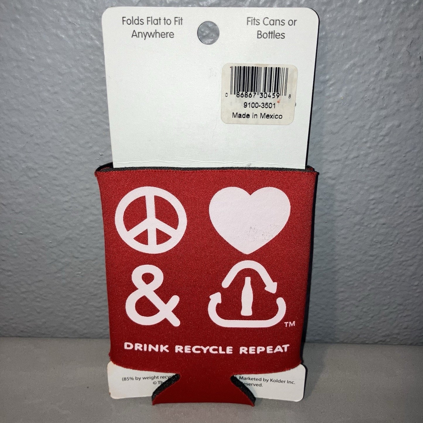 New Coca-Cola Can Koozy Peace Love Recycle Coke Cola Classic Red Can Insulator