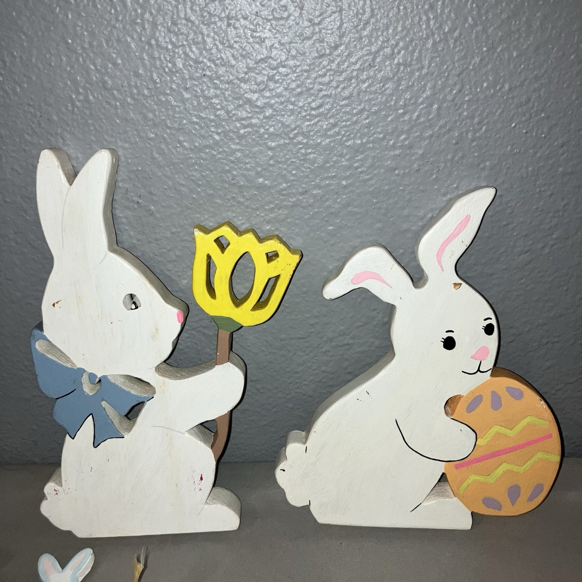 Easter Ornament Bunny / Egg Holiday Garland + 2 Wood 6" Rabbit Displays Bundle