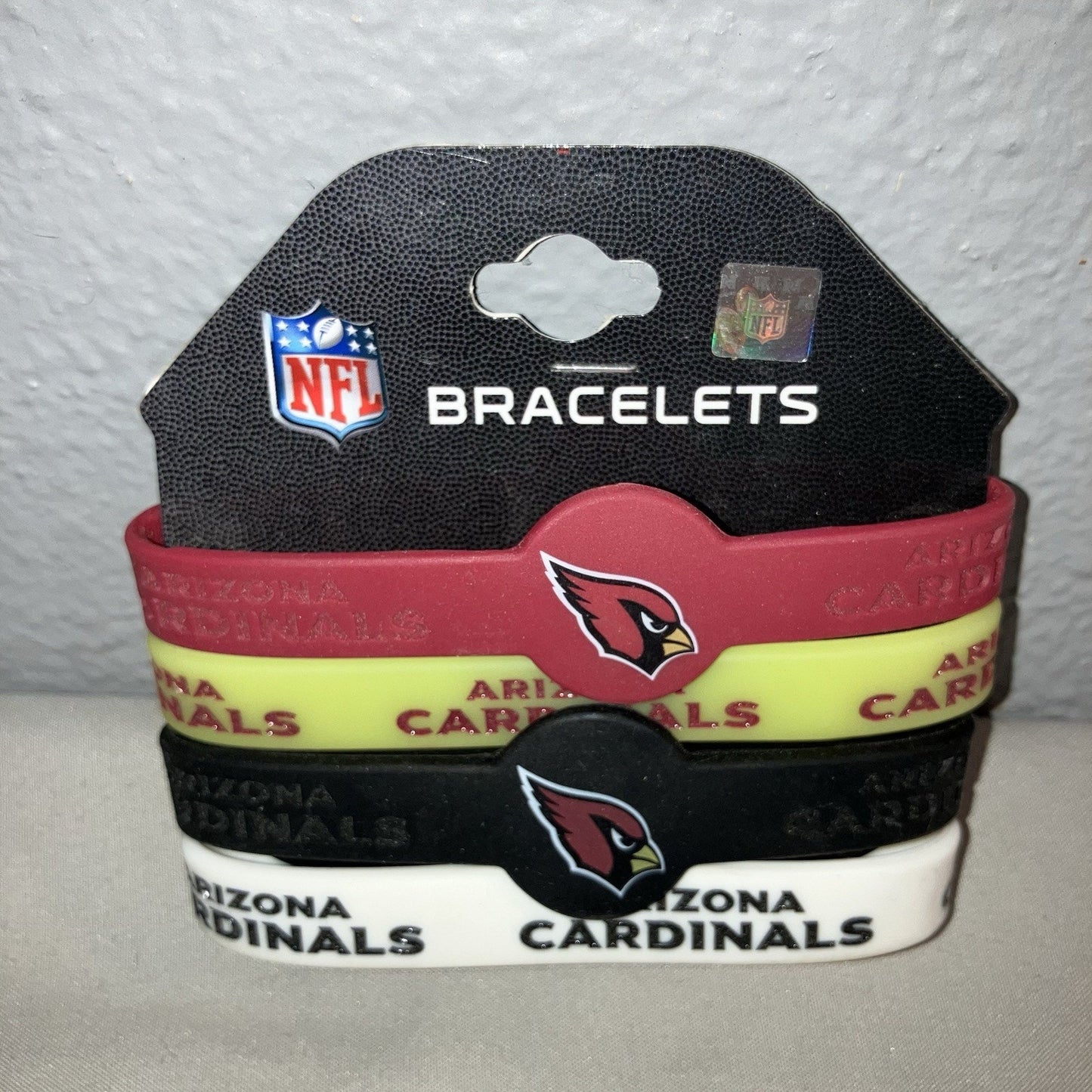 New Arizona Cardinals Silicone Bracelets 4 Color Pack Black White Red Yellow