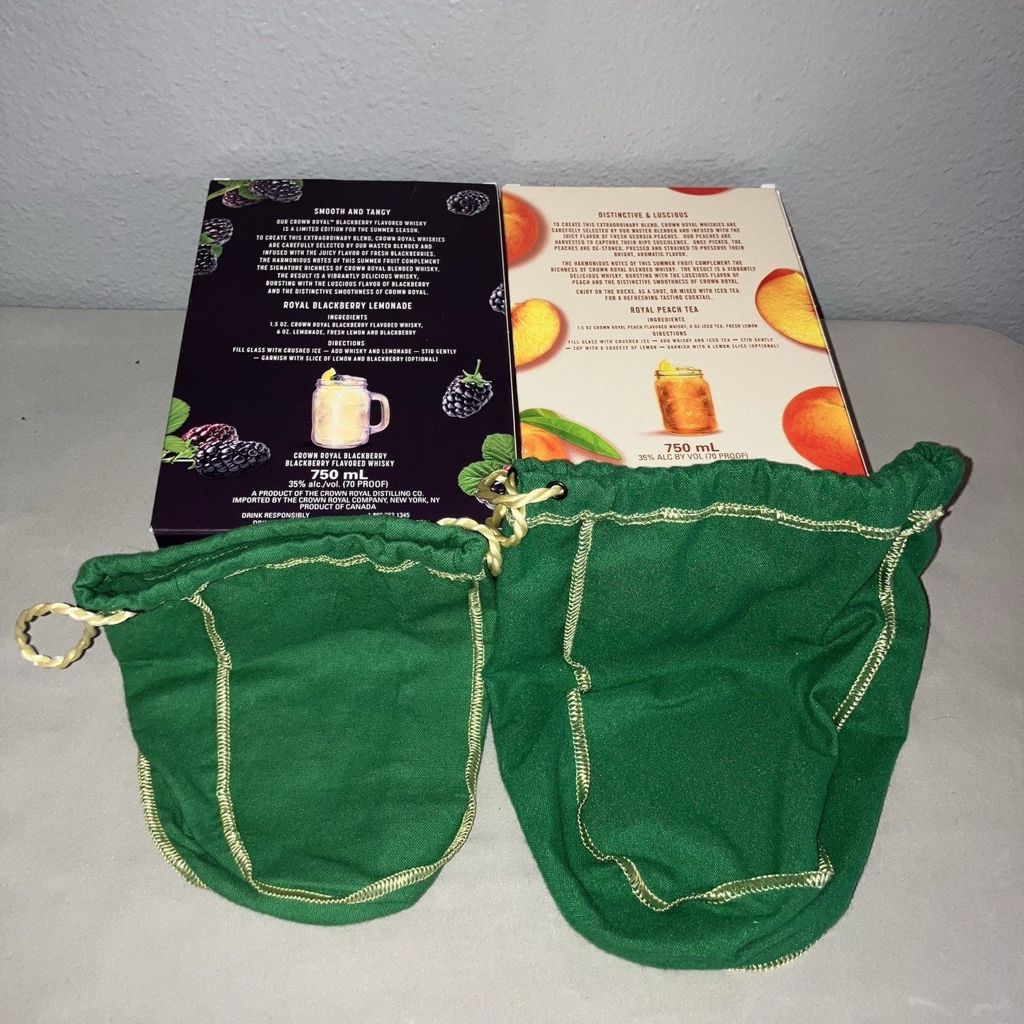 Crown Royal Whiskey Blackberry / Peach Bag / Box + Big / Small Apple Bags Lot