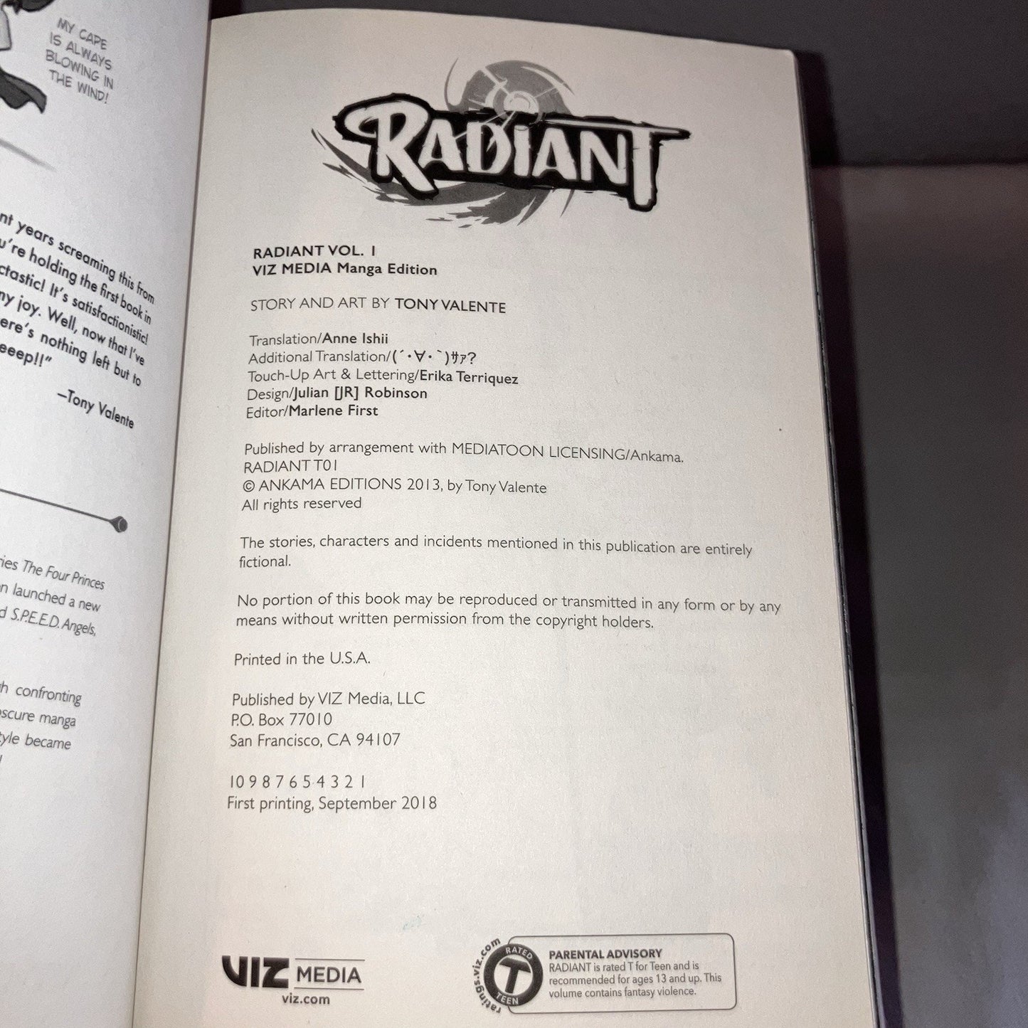Radiant #1 Volume 1 Vizmedia Viz Media Paperback 2018 Tony Valente Manga Comic