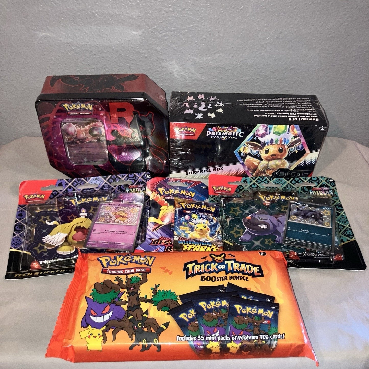 Pokemon DR Mewtwo Tin PE Surprise Box 2 PF Tech Sticker Trick Or Trade 35 Pk + 2