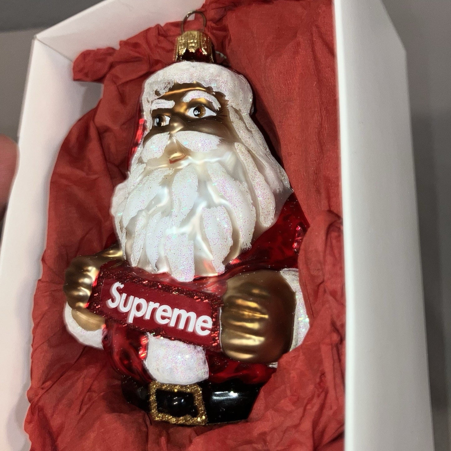 2018 Fw18 Supreme Santa Christmas Xmas Ornament Gold Glass New In Box Not Used