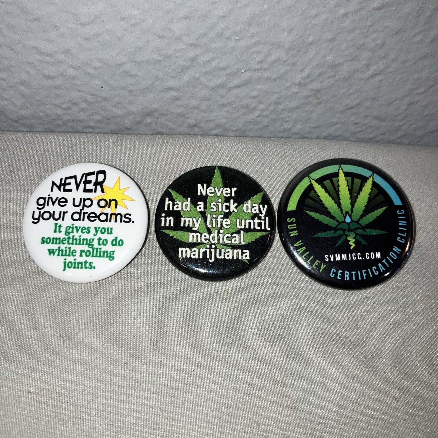 3 Vintage Medical Marijuana 420 710 Mmj Novelty Pins 2000 2011 Made In Usa Used