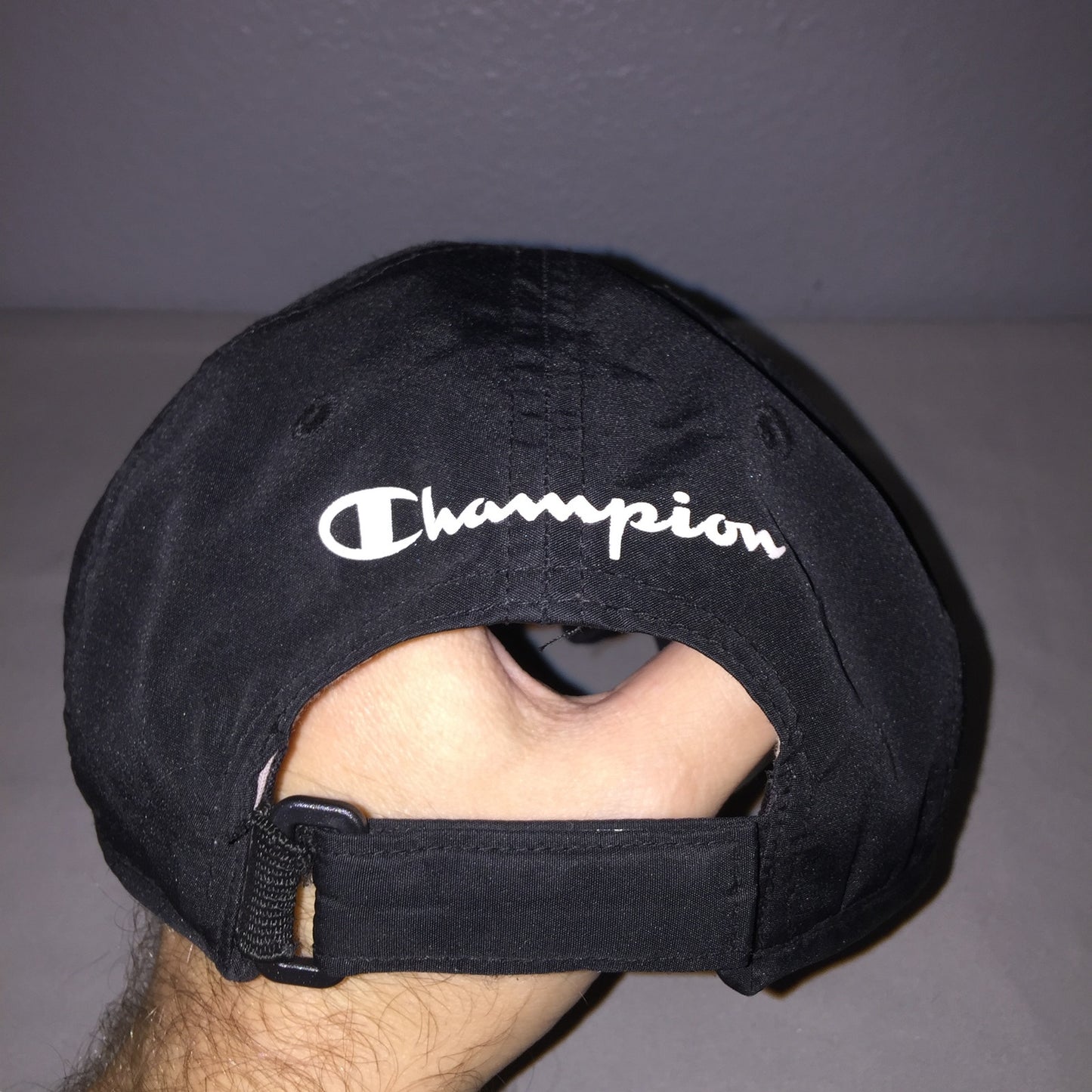 Champion Hat 100% Polyester Black Adjustable Strap Osfa Unisex Used Great Shape