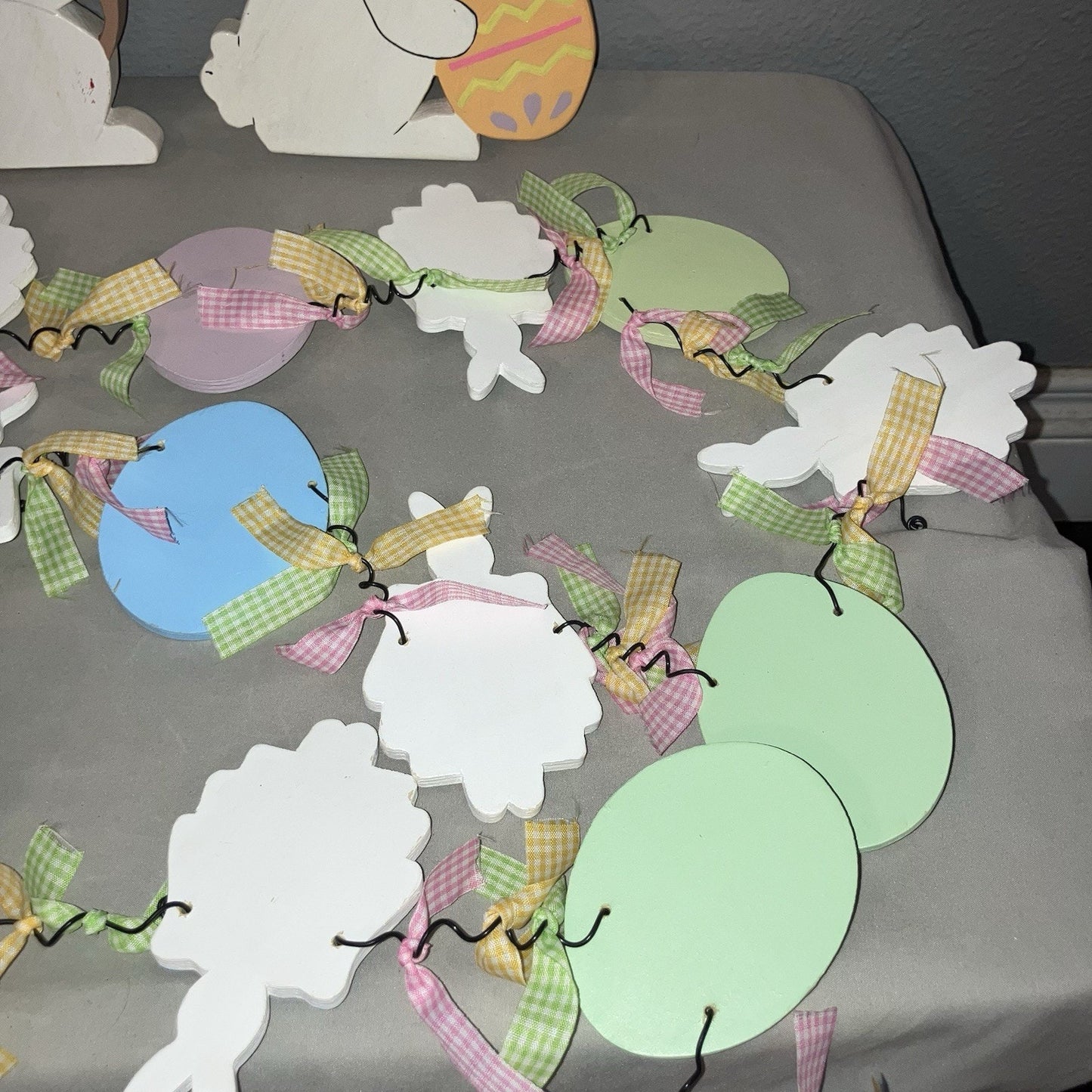 6' Long Painted Look Easter Eggs & Bunny Rabbits Figure Wood Garland + 2 Cutouts
