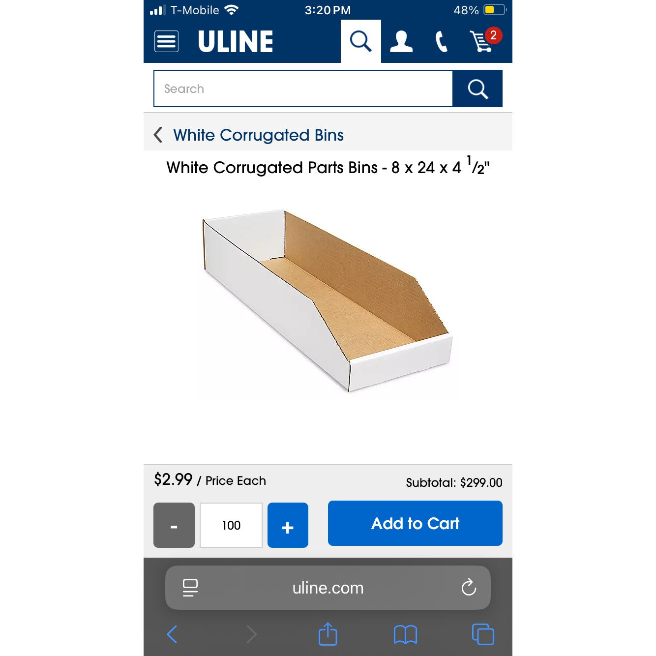 100 Pack S-2720 Uline White Corrugated Parts Bin 8 x 24 x 4.5" Great Storage Bin