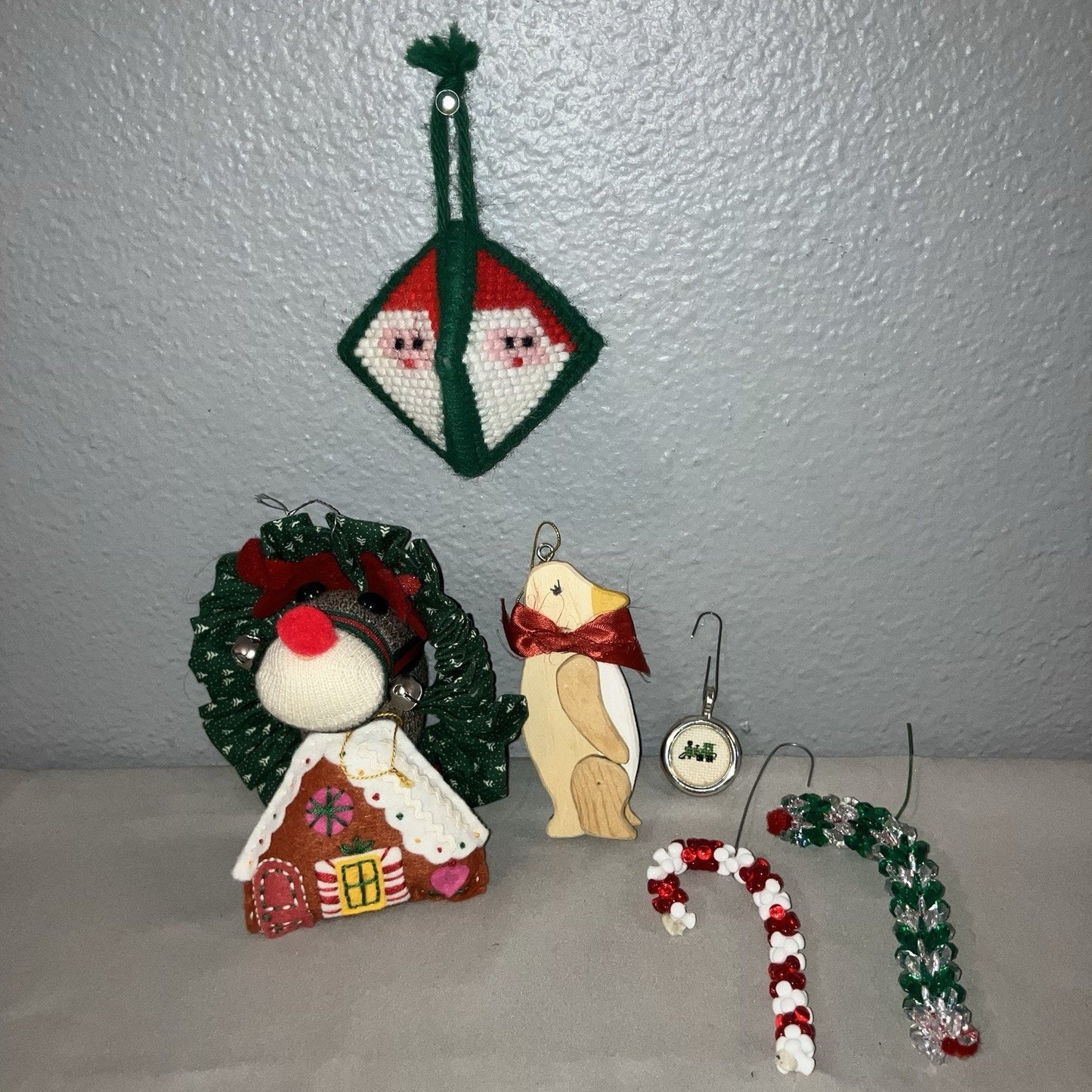 Handmade Xmas Ornaments Lot Reindeer Santa Clause Train Penguin Bead Candy Canes