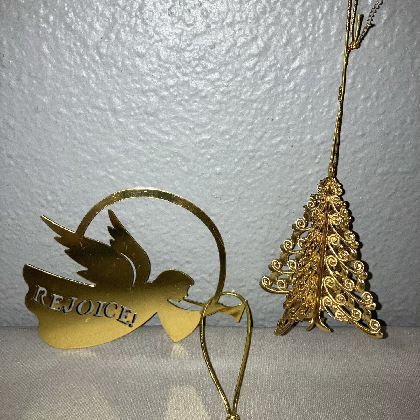 Gold Tone Filigree German Christmas Tree / Rejoice Angel Vtg Xmas Ornament Lot