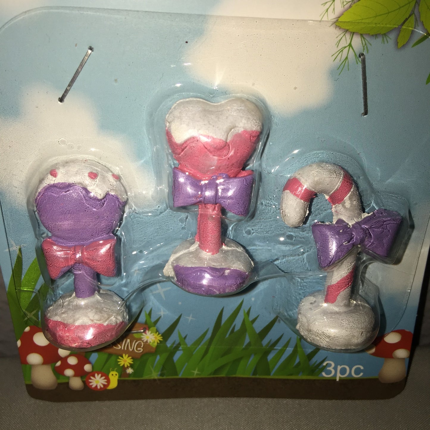 New Fairy Garden 3 Piece Sweets Figurines Miniatures Lollipops / Candy Cane Pink
