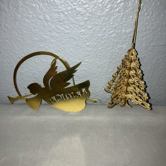 Gold Tone Filigree German Christmas Tree / Rejoice Angel Vtg Xmas Ornament Lot