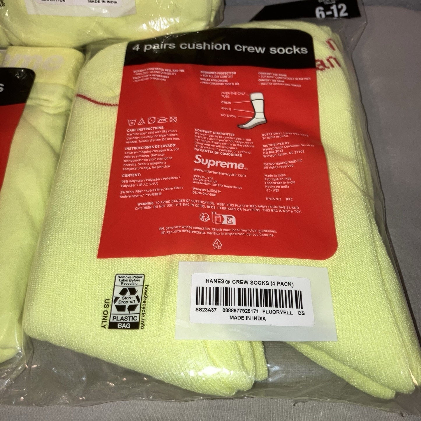 New Supreme Hanes L Tees / S Briefs 2 Pack + Socks 4 Pack Fluorescent Yellow Lot