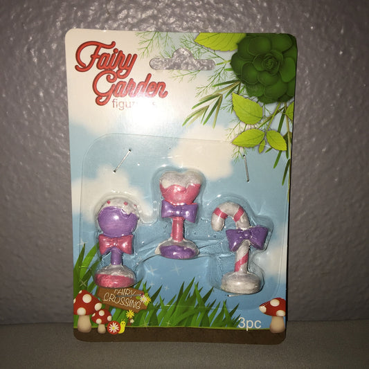 New Fairy Garden 3 Piece Sweets Figurines Miniatures Lollipops / Candy Cane Pink