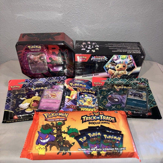 Pokemon DR Mewtwo Tin PE Surprise Box 2 PF Tech Sticker Trick Or Trade 35 Pk + 2
