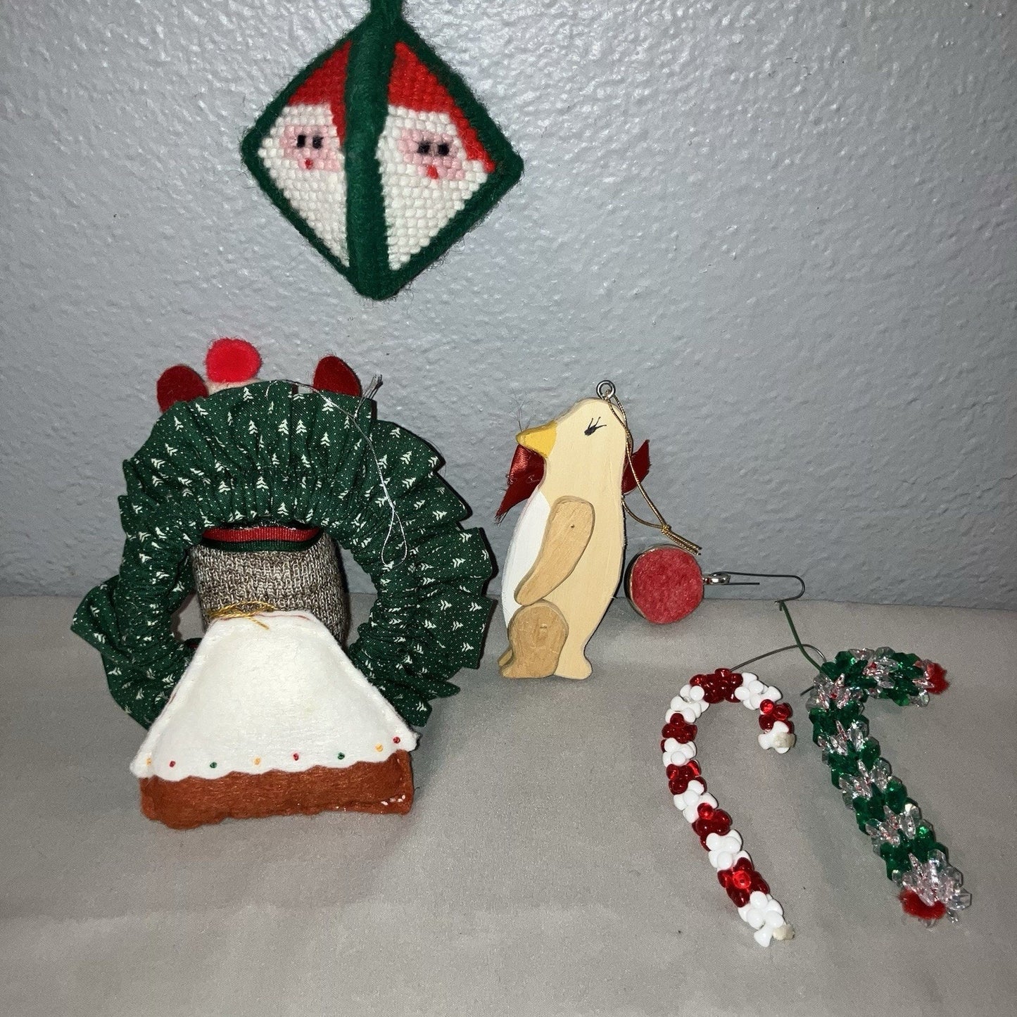 Handmade Xmas Ornaments Lot Reindeer Santa Clause Train Penguin Bead Candy Canes