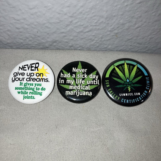 3 Vintage Medical Marijuana 420 710 Mmj Novelty Pins 2000 2011 Made In Usa Used