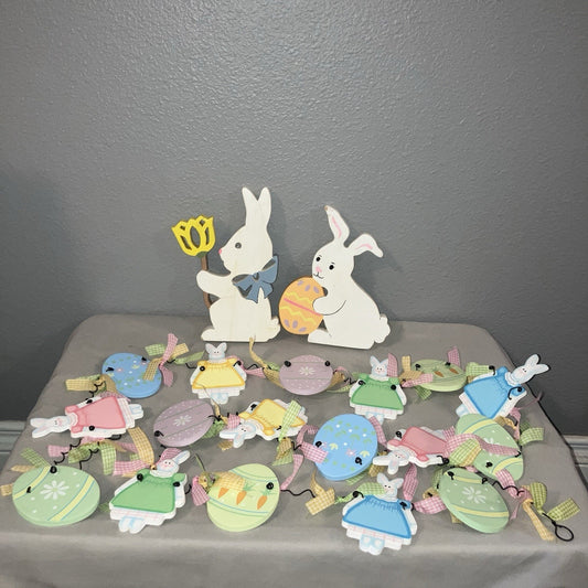6' Long Painted Look Easter Eggs & Bunny Rabbits Figure Wood Garland + 2 Cutouts