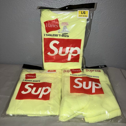New Supreme Hanes L Tees / S Briefs 2 Pack + Socks 4 Pack Fluorescent Yellow Lot